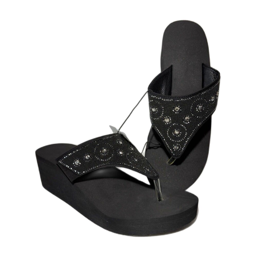 Sun & Sky Women’s Rhinestone Beaded Slip-On Wedge Platform Sandals Black 9-10